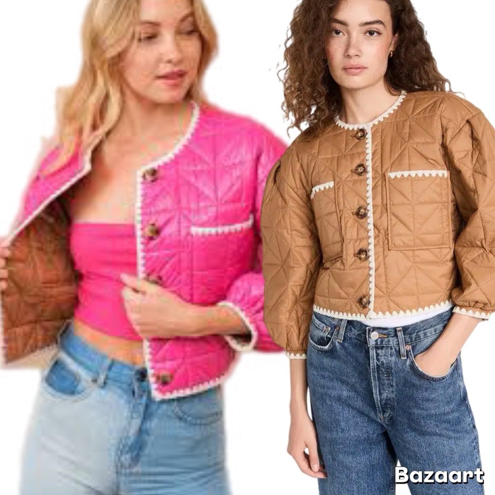 Anthropologie Reversible Blueb. Pink Tan Quilted Puffer Jacket Coat Cardigan top